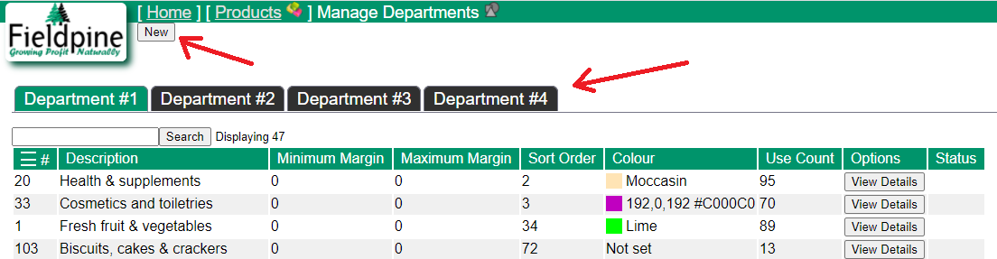 Manage Departments initial view